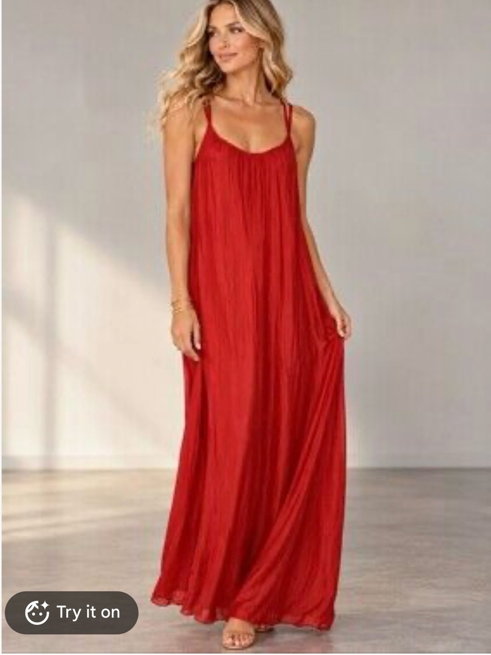 Rosemarine Elegant Red Silk Maxi Dress with Adjustable Spaghetti Straps